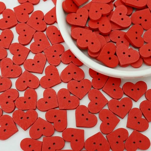 100 Stück rote 15 mm herzförmige Holzknöpfe mit 2 Löchern zum Nähen, Scrapbooking, Weihnachtsbasteln, DIY-Zubehör, Verzierungen-rot von YOGAES