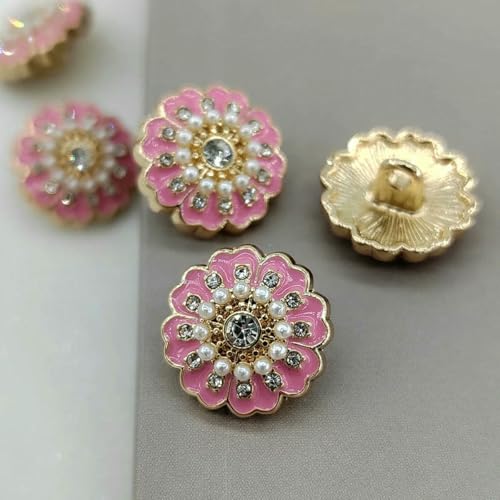 15/18/21/25 mm Vintage-Blumendesign, Metall-Ösenknöpfe für Kleidung, grün-rosa Strass, modisches Dekor, Nähknopf, rosa, 21 mm, 6 Stück von YOGAES