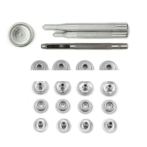 25 Sets 201/203 Metall-Druckknöpfe, Druckknöpfe, 4 Installationswerkzeuge für Kleidung, Kleidersäcke, Schuhe, Lederhandwerk, Silber mit Werkzeug, 15 mm (201) von YOGAES