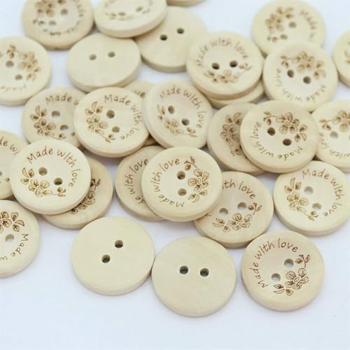 40 Stück 20 mm runde Holzknöpfe, handgefertigt mit Liebe, zum Nähen, DIY, 2 Löcher, Kleidungsstück, Pullover, Basteln für Scrapbooking, Verzierung – mit Liebe gemacht von YOGAES