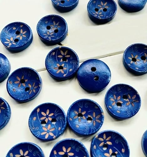 50 Stück Vintage-inspirierte blaue und goldene Holzknöpfe mit Blumenmuster zum Basteln, Nähen und zur Dekoration von Kleidung – Elegantes rundes Blau – 50 Stück von YOGAES