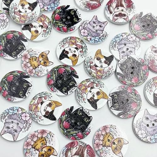 50 Stück runde gemischte Holzknöpfe mit Katzen-Aufdruck, für Handarbeit, Nähen, Scrapbooking, Kleidung, Basteln, Karten, 25 mm, WB889-Standard von YOGAES