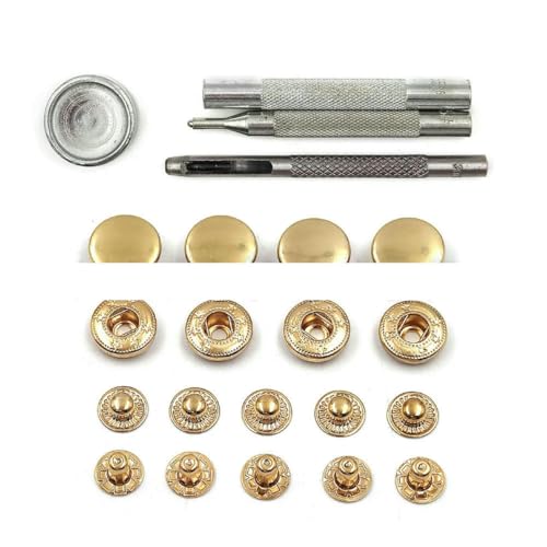 50er-Set Druckknöpfe, Metalldruckknöpfe, Druckknopfnieten, optionales Installationswerkzeug-Set für Lederhandwerk, Kleidung, Kleidersäcke, Schuhe, Gold mit Werkzeug, 10 mm von YOGAES
