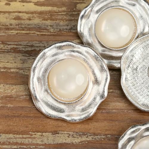 6 Stück Luxus-Metallknöpfe, silberfarben, für Winter und, Mantel, Kleidung, Nähzubehör, große Perlen, Stricken, Damenmode, weiße Perle, 23,0 mm (6 Stück) von YOGAES