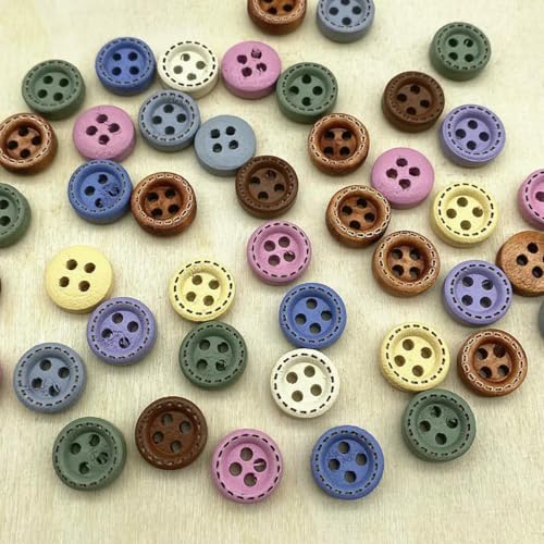 Neue 50 Stück 10 mm 4-Loch Mini-Farbknöpfe Gepunkteter Faden Holzknöpfe Bekleidungszubehör, Hochzeitsdekoration, Nähzubehör-55 von YOGAES