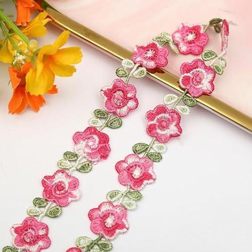 Yards, 2 cm breit, rosa-grüner Spitzenbesatz, Bastelblume, Polyester-Spitzenstoff, floral bestickte Applikation, verziertes Spitzenband-D von YOGAES