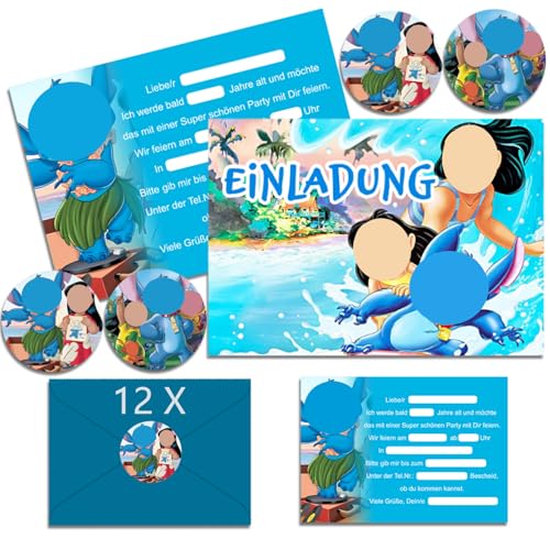 YOGARTH 12x Einladungskarten Kindergeburtstag mit Umschlag Deutsch, Cartoon Einladungskarten Geburtstag Set, Geburtstagseinladungen Kinder für Themed Party (A6) (A) von YOGARTH