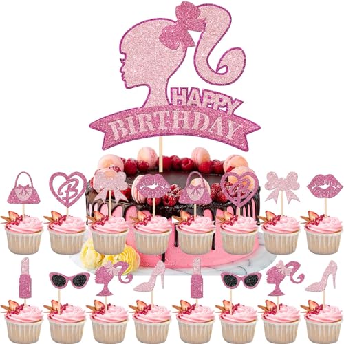 YOGARTH 17 Stück Barbi Tortendeko Mädchen, Barbi Kuchen Deko Geburtstag, Cake Topper Set, Happy Birthday Topper für Mädchen Geburtstag Party Kuchen Dekoration Supplies (D) von YOGARTH