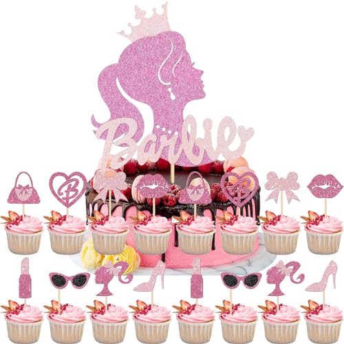YOGARTH 17 Stück Barbi Tortendeko Mädchen, Barbi Kuchen Deko Geburtstag, Cake Topper Set, Happy Birthday Topper für Mädchen Geburtstag Party Kuchen Dekoration Supplies (E) von YOGARTH