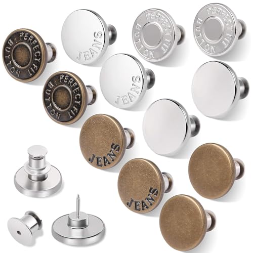 YOGAZEN 12 Stücke Jeansknopf ohne Nähen, Knöpfe Ohne Nähen, Hosen Enger Machen Clip, 17mm Ersatzknopf zum Stecken, DIY Hosenknöpfe für Jeansreparatur und Anpassung (6 Stil) von YOGAZEN