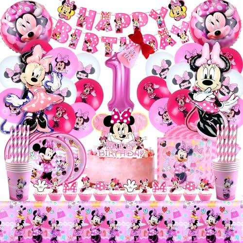 104 Stück Deko 1. Geburtstag Mädchen Minnie, Minnie Luftballons 1 Geburtstag, Minnie Geburtstag Party Geschirr, Minnie Deko Geburtstag 1 Party, Folienballon Minnie 1, Tortendeko Minnie 1. Geburtstag von YOILIK