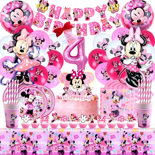 104 Stück Geburtstag Mädchen 4 Jahre Deko Minnie, Minnie Luftballons 4 Jahre, Minnie Geburtstag Party Geschirr, Minnie Deko Geburtstag 4, Folienballon Minnie 4, Kindergeburtstag Minnie 4 von YOILIK