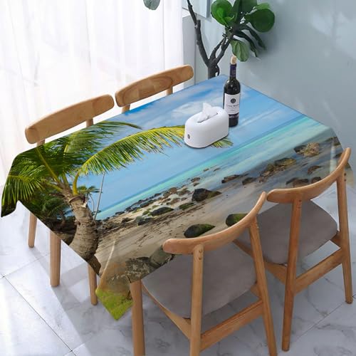 YOIUE Tischdecke Abwaschbar Rechteckig,137x183cm,Polyester Tischtuch Tafeldecke Ornamente Schmutzabweisend Pflegeleicht,Dekor am Meer, romantischer Strand, ruhige Szene, Palmen, karibische l, Naturfo von YOIUE