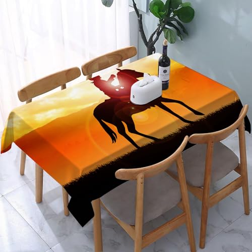 YOIUE Tischdecke Abwaschbar Rechteckig,137x183cm,Polyester Tischtuch Tafeldecke Ornamente Schmutzabweisend Pflegeleicht,Western, Cowboy-Silhouette auf einem Pferd während der lebhaften von YOIUE