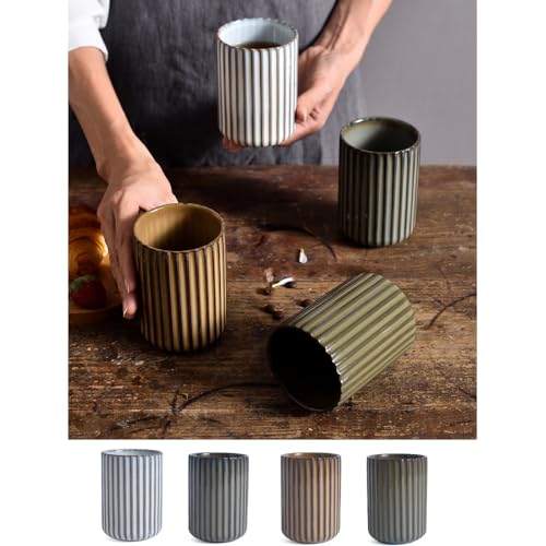 YOKIOU 4 Stück Keramik Brennofen ändern Tee Tasse Vintage gestreiften Tasse personalisierte Wein Tasse kreativ rau Töpferei Kaffee Tasse Geschenk Tassen von YOKIOU