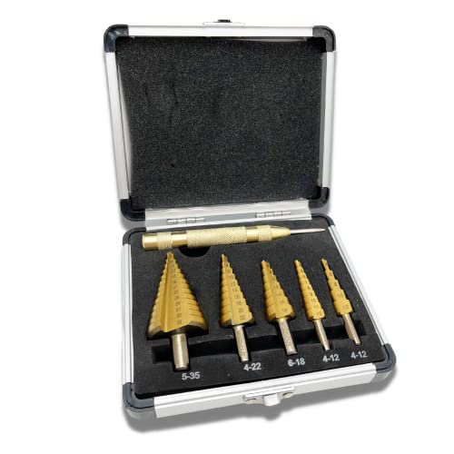 Stufenbohrer-Set, 6-teilig, Hochgeschwindigkeitsstahl, Titanbeschichtung, Kobaltkegel, Stufenbohrer mit automatischem Körnerstanzer, für DIY-Kunststoff, Holz, Metall, Aluminium, Eisen von YOKOCUT