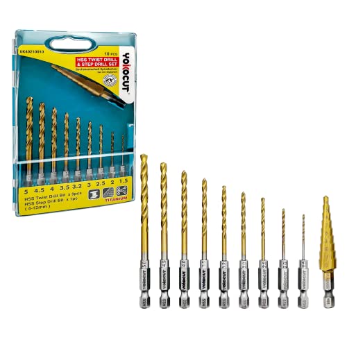 YOKOCUT 10-tlg Titan Bohrerset, Sechskantschaft Schnellbohrkronen, 1,5-5 mm Schnellarbeitsstahl, Titan-beschichteter HSS Bohrersatz, Schnellwechsel, 6.35mm Sechskantschaft | Stufenbohrer 4-12 mm YOKOCUT 10-tlg Titan Bohrerset, Sechskantschaft Schnellbohrkronen, 1,5-5 mm Schnellarbeitsstahl, Titan-beschichteter HSS Bohrersatz, Schnellwechsel, 6.35mm Sechskantschaft | Stufenbohrer 4-12 mm von YOKOCUT