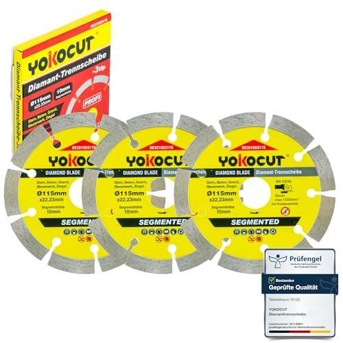 YOKOCUT Diamanttrennscheibe 115mm, Diamant trennscheiben set 3-tlg. universal Trennscheibe für Stein, Beton, Granit, Mauerwerk, Ziegel Zubehör Winkelschleifer von YOKOCUT