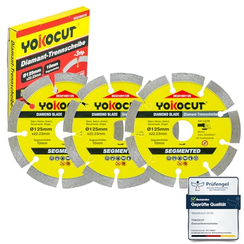 YOKOCUT Diamanttrennscheibe 125mm, Diamant trennscheiben set 3-tlg. universal Trennscheibe für Stein, Beton, Granit, Mauerwerk, Ziegel Zubehör Winkelschleifer von YOKOCUT
