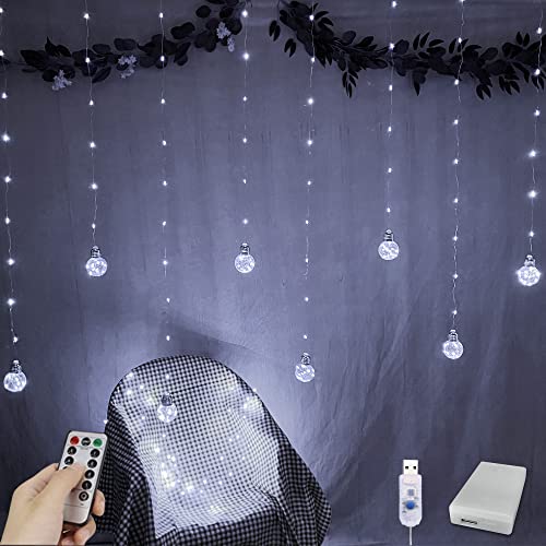 Yolight Wishing Ball Curtain Lights 200 LED Window Curtain Lights with Remote, USB Battery Powered Twinkle Globe Fairy Lights for Wedding Party Bedroom Christmas Decoration (White) von YOLIGHT