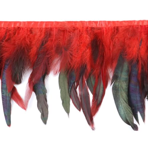 1 Meter natürlicher Hahnenfederbesatz, schwarzes Nähband für Kleidung, 15–18 cm, Federfransen für Party-Dekoration, Kunsthandwerk – 03 rot von YOLNEY