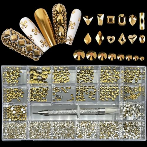 2500 teile/schachtel Luxus Strass Nail art Schmuck Set Glas Nagel Kristalle Box 3D Flache Glas Geformt Diamant Nägel Dekoration Gem-Mine gold von YOLNEY