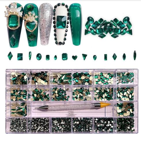 Luxuriöses, glänzendes Diamant-Nagelkunst-Strassstein-Set, Glaskristall-Dekorationsset, 1 Pick-up-Stift in Gitterbox, 21 Formen à 2500 Stück, Grün, 2500 Stück von YOLNEY