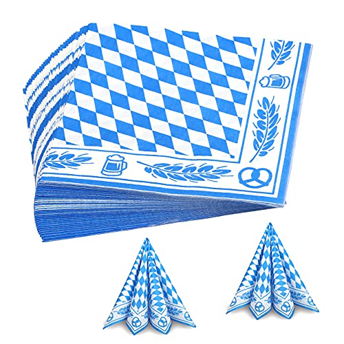 YOLOUP 40 pcs Bayern Servietten Oktoberfest Deko blau & weiß karierte Tissue 33 x 33 cm Dekoservietten mit Bier, Weizenähren, Brezel Muster für Münchner Oktoberfest Bierzelten Tischdeko von YOLOUP