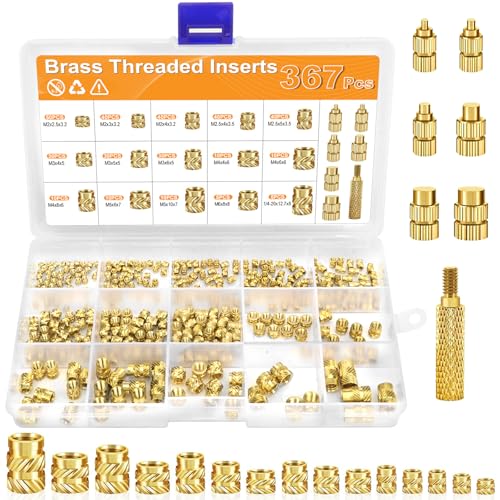 YOMKILU 367 Stück Gewindeeinsatz Set, M2 M2.5 M3 M4 M5 M6 1/4-20 Messing Einschmelzgewinde mit Lötkolben Einschmelzhilfe, Gerändelt Einpressmuttern für Kunststoffteile, Gewindeeinsätze für 3D-Drucker von YOMKILU