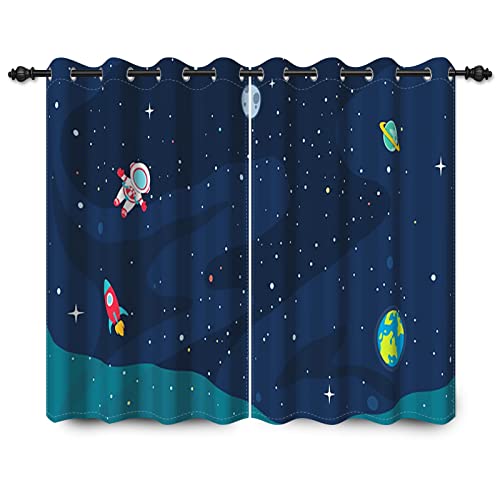 YONGFOTO 117x138cm Karikatur Muster Vorhänge, Kühle Spaceman Rakete Planeten Sterne im Weltraum, 2 Panels drapiert mit Ösen für Wohnzimmer Kinderzimmer Home Set, 117cm breit x 138cm Tropfen von YONGFOTO