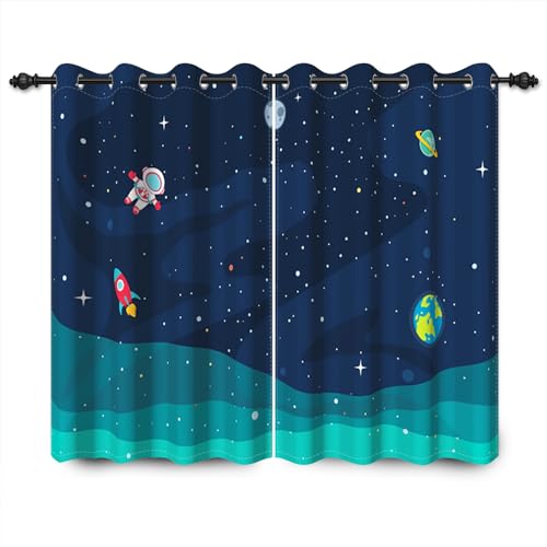 YONGFOTO 117x229cm Karikatur Muster Vorhänge, Kühle Spaceman Rakete Planeten Sterne im Weltraum, 2 Panels drapiert mit Ösen für Wohnzimmer Kinderzimmer Home Set, 117cm breit x 229cm Tropfen von YONGFOTO