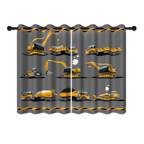 YONGFOTO 168x229cm Bauwagen Verdunkelungsvorhänge Cartoon Bagger Gelb Kinder Maschinen Auto Schwarz für Wohnzimmer Kinderzimmer Fenstervorhänge, 2 Paneele mit Öse von YONGFOTO