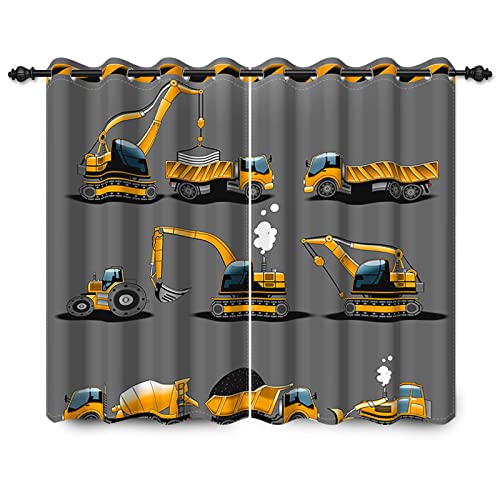 YONGFOTO 117x138cm Bauwagen Verdunkelungsvorhänge Cartoon Bagger Gelb Kinder Maschinen Auto Schwarz für Wohnzimmer Kinderzimmer Fenstervorhänge, 2 Panel Home Set mit Löchern von YONGFOTO