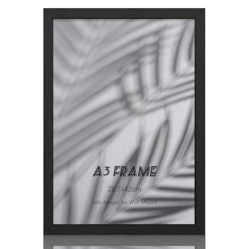YONGHUO Bilderrahmen A3, 1 Stück MDF Holz Bilderrahmen Din A3, 29,7 x 42 cm, mit Plexiglas und Wandhaken, für Wandmontage, Schwarz von YONGHUO
