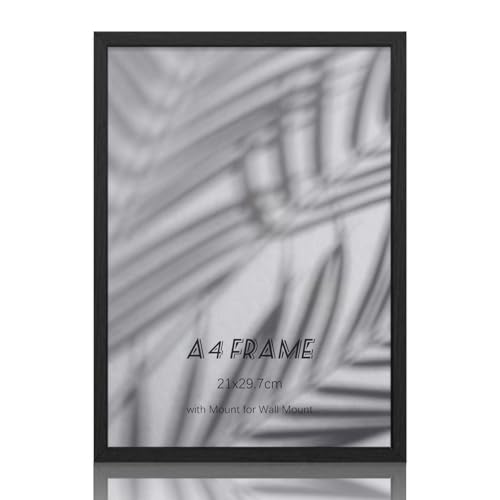 YONGHUO Bilderrahmen A4, 1 Stück MDF Holz Bilderrahmen Din A4, 21 x 29,7 cm, mit Plexiglas, Wandhaken, Standfuß und Passpartout, für Tischaufstellung oder Wandmontage, Schwarz von YONGHUO