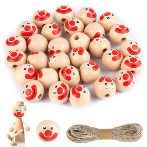 30 Stück Holzkugeln mit Gesicht, 20mm Holzperlen mit Gesicht, Clown Lächelndes Rund Gesicht Holzkugeln mit Loch, Holzköpfe mit 10m Schnur für DIY Schmuck, Kunsthandwerk 30 Stück Holzkugeln mit Gesicht, 20mm Holzperlen mit Gesicht, Clown Lächelndes Rund Gesicht Holzkugeln mit Loch, Holzköpfe mit 10m Schnur für DIY Schmuck, Kunsthandwerk von YONGQING