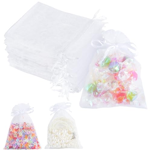 YONGQING 100 Stück Weiß Organzasäckchen, 9 x 12cm Geschenksäckchen, Schmucksäckchen mit Kordelzug, Kleine Säckchen zum Befüllen für Festival, Party und Hochzeit von YONGQING