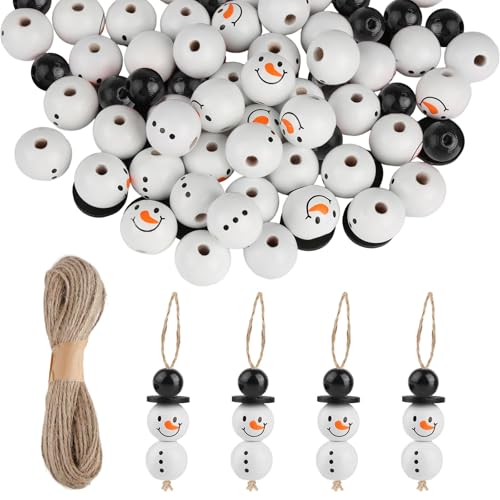 YONGQING 120 natürliche Holzperlen für 30 Sets Schneemänner, 20mm Schneemann-Gesicht Holzperlen-Set für DIY-Basteleien, Weihnachten, Halloween, Winter-Dekorationen (mit 10m Schnur) von YONGQING
