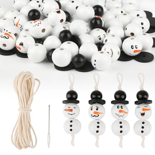 YONGQING 160 Holzperlen Natur Für 40 Sets Schneemänner Mit 5m Baumwoll-Wachs-Schnur, 20mm Holzperlen Mit Gesicht Für DIY-Basteleien, Weihnachten, Halloween, Winter-Dekorationen（4 Ausdrücke） von YONGQING