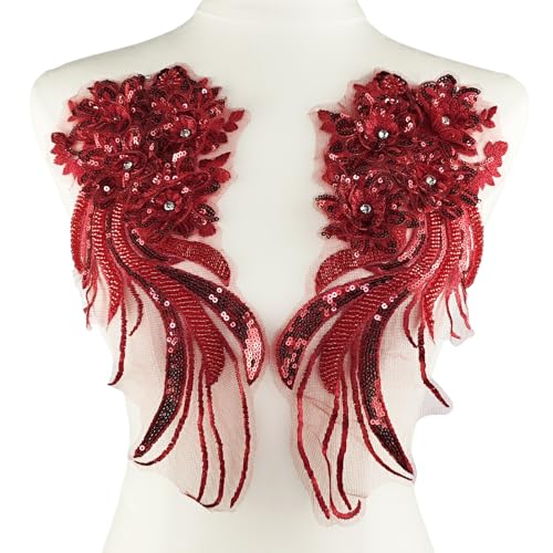 YOOGCORETT 1 Paar 3D-Stickerei Pailletten Spitze Applikation Blume Strass Perlen Patch Trim für DIY Nähen Handwerk Kleidung Hochzeitskleid Dekoration, Rot, 32,5 x 14,9 cm YOOGCORETT 1 Paar 3D-Stickerei Pailletten Spitze Applikation Blume Strass Perlen Patch Trim für DIY Nähen Handwerk Kleidung Hochzeitskleid Dekoration, Rot, 32,5 x 14,9 cm von YOOGCORETT