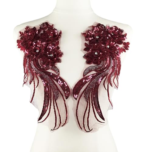 YOOGCORETT 1 Paar 3D-Stickerei Pailletten Spitze Applikation Blume Strass Perlen Patch Trim für DIY Nähen Handwerk Kleidung Hochzeitskleid Dekoration, Weinrot, 32,5 x 14,9 cm von YOOGCORETT
