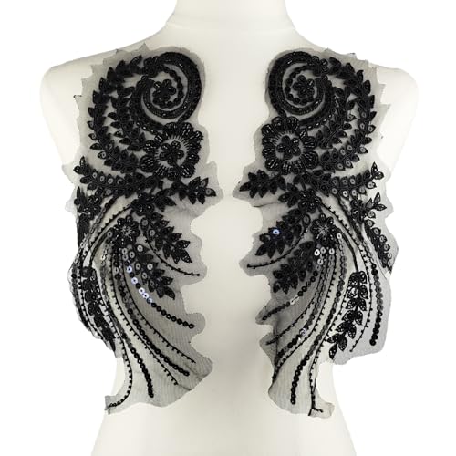 YOOGCORETT 1 Paar schwarze 3D-Stickerei-Pailletten-Spitzenapplikation, Blumenaufnäher, Zierleiste für Heimwerker, Nähen, Basteln, Hochzeitskleid, Dekoration, Zubehör, 32,5 x 14 cm YOOGCORETT 1 Paar schwarze 3D-Stickerei-Pailletten-Spitzenapplikation, Blumenaufnäher, Zierleiste für Heimwerker, Nähen, Basteln, Hochzeitskleid, Dekoration, Zubehör, 32,5 x 14 cm von YOOGCORETT