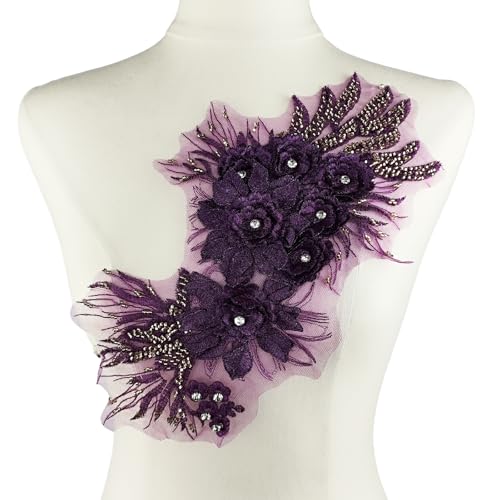 YOOGCORETT 1 x 3D-Spitzenapplikation, Stickerei, Perlen, Strass, Patch, Blume, zum Basteln, Nähen, Basteln, Hochzeitskleid, Dekoration, Lila, 33 x 17,8 cm YOOGCORETT 1 x 3D-Spitzenapplikation, Stickerei, Perlen, Strass, Patch, Blume, zum Basteln, Nähen, Basteln, Hochzeitskleid, Dekoration, Lila, 33 x 17,8 cm von YOOGCORETT