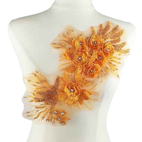 YOOGCORETT 1 x 3D-Spitzenapplikation, Stickerei, Perlen, Strass, Patch, Blume, zum Basteln, Nähen, Basteln, Hochzeitskleid, Dekoration, Orange, 33 x 17,8 cm YOOGCORETT 1 x 3D-Spitzenapplikation, Stickerei, Perlen, Strass, Patch, Blume, zum Basteln, Nähen, Basteln, Hochzeitskleid, Dekoration, Orange, 33 x 17,8 cm von YOOGCORETT