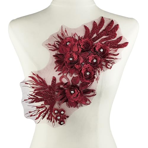 YOOGCORETT 1 x 3D-Spitzenapplikation, Stickerei, Perlen, Strass, Patch, Blume, zum Basteln, Nähen, Basteln, Hochzeitskleid, Dekoration, Rot, 33 x 17,8 cm YOOGCORETT 1 x 3D-Spitzenapplikation, Stickerei, Perlen, Strass, Patch, Blume, zum Basteln, Nähen, Basteln, Hochzeitskleid, Dekoration, Rot, 33 x 17,8 cm von YOOGCORETT
