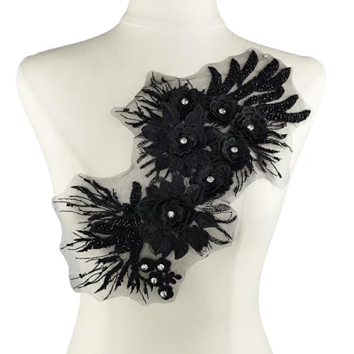 YOOGCORETT 1 x 3D-Spitzenapplikation, Stickerei, Perlen, Strass, Patch, Blume, zum Basteln, Nähen, Basteln, Hochzeitskleid, Dekoration, schwarz, 33 x 17,8 cm YOOGCORETT 1 x 3D-Spitzenapplikation, Stickerei, Perlen, Strass, Patch, Blume, zum Basteln, Nähen, Basteln, Hochzeitskleid, Dekoration, schwarz, 33 x 17,8 cm von YOOGCORETT