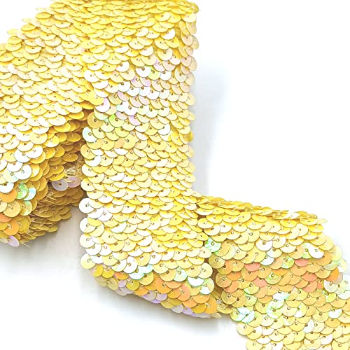 YOOGCORETT 2 Meter gelbes elastisches Paillettenband, glitzernd, metallisch, dehnbar, flache Pailletten zum Nähen von Kleidern, Kostümen, Verzierungen, Stirnband und Basteln, Pailletten, 4,7 cm von YOOGCORETT