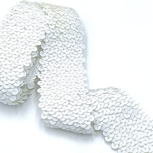 YOOGCORETT 2 Meter weißes elastisches Paillettenband, glitzernd, metallisch, dehnbar, flache Pailletten zum Nähen von Kleidern, Kostümen, Verzierungen, Stirnband und Basteln, Pailletten, 4,7 cm YOOGCORETT 2 Meter weißes elastisches Paillettenband, glitzernd, metallisch, dehnbar, flache Pailletten zum Nähen von Kleidern, Kostümen, Verzierungen, Stirnband und Basteln, Pailletten, 4,7 cm von YOOGCORETT