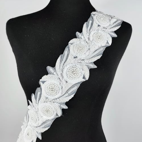 YOOGCORETT 3D-Spitzen-Pailletten, Blumenapplikation zum Aufnähen, bestickt, für Kleidung, Hochzeitskleid, Dekoration, DIY, Nähen, Handwerk, 91 cm, Weiß von YOOGCORETT