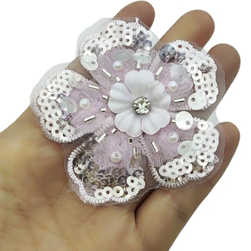 YOOGCORETT 5 Stück Pailletten bestickte Spitze Blume Strass Perlen Stoff Patches Trim DIY Nähen Hochzeitskleid Dekor Applikation, Rosa, 7,9 x 7,9 cm von YOOGCORETT